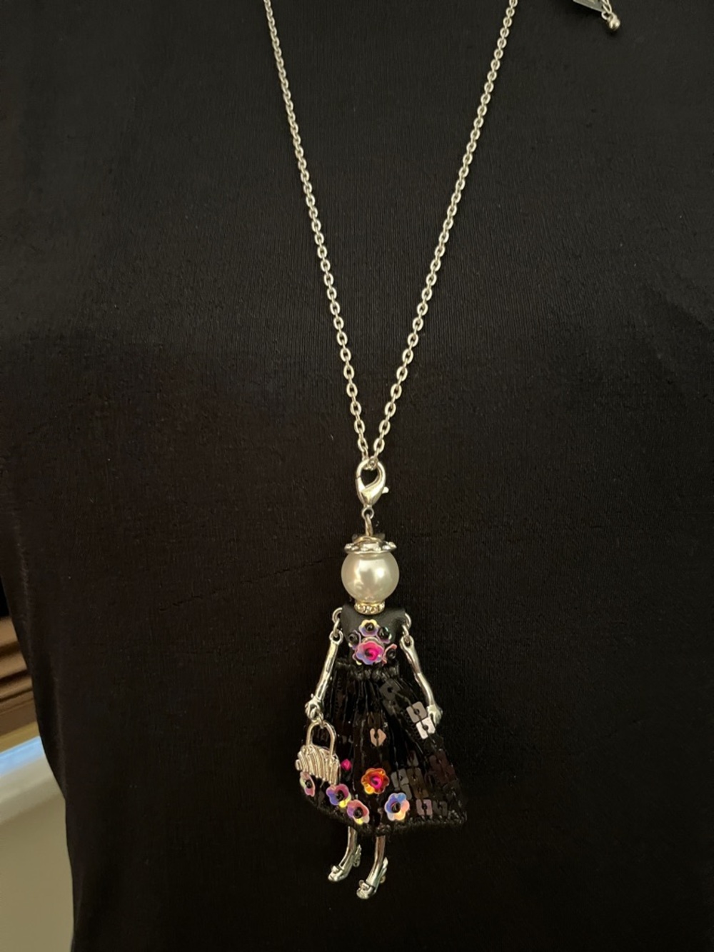 Coco + Carmen Black Doll Pendant Necklace with Pink & Purple Flower Accents - Picture 5 of 9